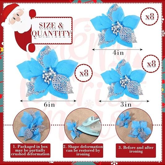 Boao 24 Pieces Christmas Artificial Glitter Poinsettia Flowers Xmas Flowers Wedding Christmas Tree New Year Ornaments(Lake Blue)