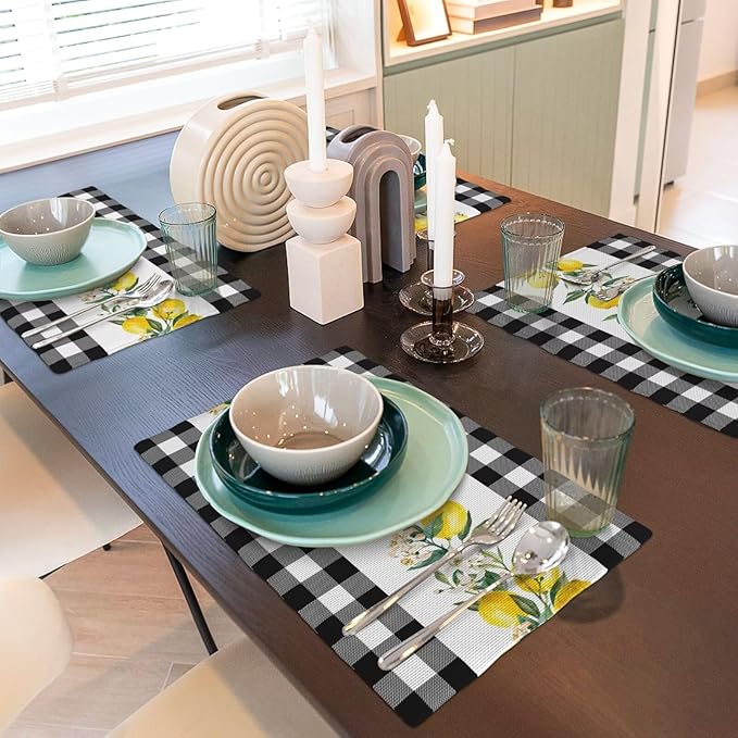Lemon Linen Placemats Set of 4 Black White Buffalo Plaid Placemats for Indoor Outdoor Party Home Desktop Kitchen Dining Room Decor 12x18 Inch