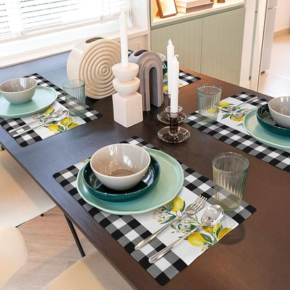 Lemon Linen Placemats Set of 4 Black White Buffalo Plaid Placemats for Indoor Outdoor Party Home Desktop Kitchen Dining Room Decor 12x18 Inch