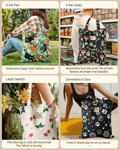 Aesthetic Cotton Tote Bag for Women - Reusable Shoulder Bag with Buckle Fabric Bag for Gym, Travel, Work