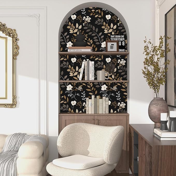 Vintage Wallpaper Peel and Stick Black Floral Wall paper 17.5'' x 393'' Gold Leaf Contact Paper Waterproof Self Adhesive Removable Modern Boho Walls Murals for Bedroom Cabinets Kitchen Locker Drawer