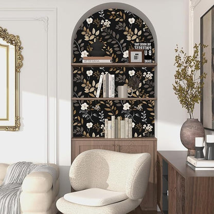 Black Floral Wallpaper Peel and Stick Vintage Leaf Contact Paper Waterproof Self Adhesive Removable Modern Boho Wall Paper for Bedroom Cabinets Kitchen Locker Drawer 17.5"X118"