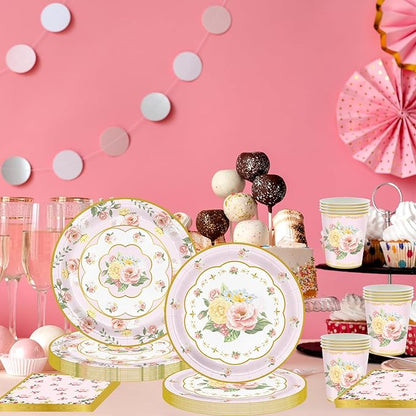 96 Pcs Tea Party Decorations, Floral Paper Plates Floral Cups & Napkins Set for Serves 24, Disposable Plates for Baby Shower, Bridal Shower, Wedding, Garden Party