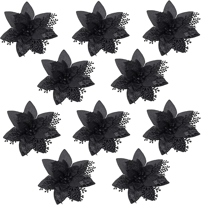 RECUTMS Black Christmas Glitter Artificial Flowers 10 Pcs 6inch Christmas Tree Flowers Halloween Ornaments Holiday Seasonal Decorations