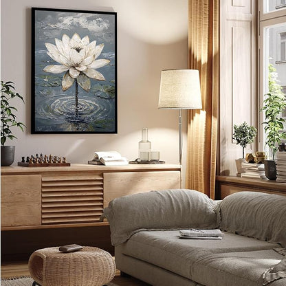 Stunning white lotus emerges from prismatic water with delicate petals background Serene aquatic wall art suitable for modern minimalist decor 24x36in Metal blackFramed