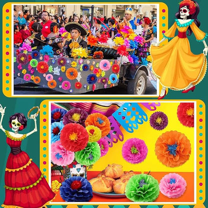 Geyee 27 Pcs Mexican Paper Flowers Colorful Fiesta Tissue Paper Flowers Mexican Carnival for Floral Party Backdrop Birthday Wedding Party 8, 10, 12 Inch(Stylish Color)