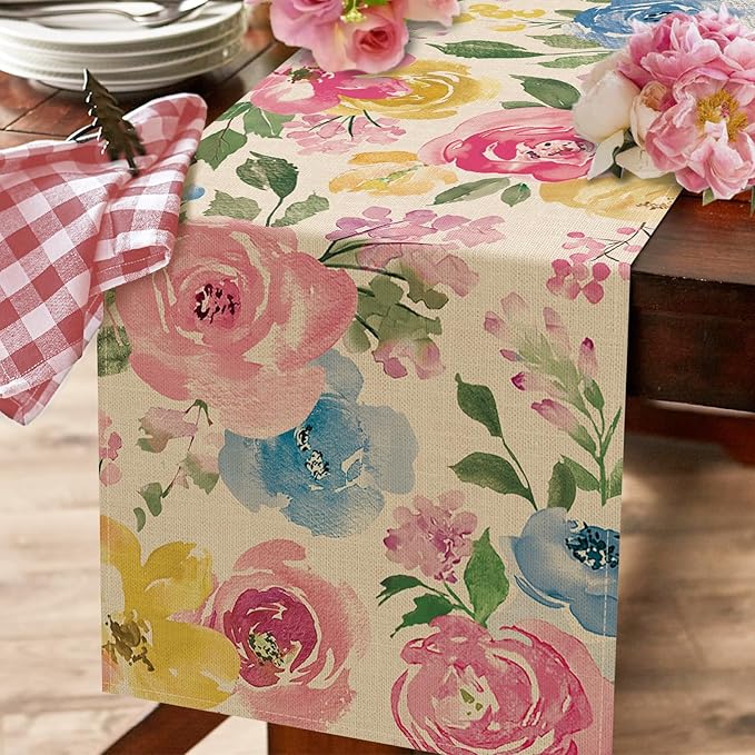 Seliem Spring Summer Watercolor Flower Table Runner, Peony Floral Kitchen Dining Table Decor, Seasonal Burlap Home Decoration Indoor Outdoor Party Supply 13 x 36 Inches