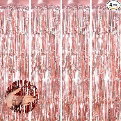 Keyali 4 Pack 3.3 * 8.3 ft Foil Curtain Metallic Tinsel Fringe Curtains Photo Booth Props Backdrop for Birthday Wedding Engagement Baby Shower Christmas Holiday Celebration Partyl,Rose Gold