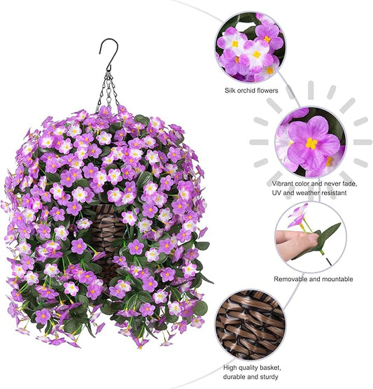Artificial Faux Fall Hanging Mums Flowers Plants Baskets for Outdoor Outside, Fake Silk Light Fuchsia Daisy Orchid Trailing Vines in Planter Realistic UV Resistant for Balcony Porch Decor