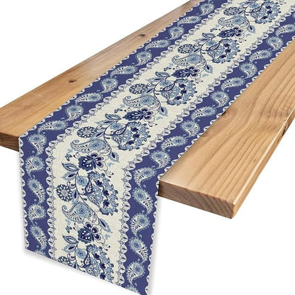 Blue Paisley Table Runner, Rustic Blue Bohemian Damask Exotic Flower Cafe Table Center Decor for Home Kitchen Dining Patio Holiday Party Indoor Outdoor Table Decorations 13x36 inch