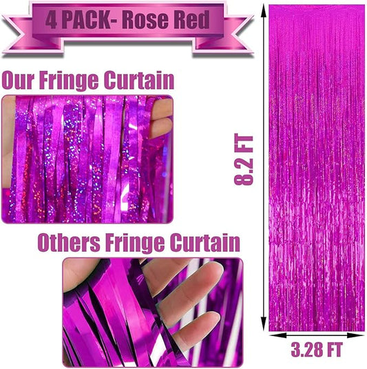 4 Pack Fuchsia Tinsel Foil Fringe Curtain Backdrop, 3.28Ft x 8.2Ft Metallic Streamers for Photo Booth Props Wedding Bridal Shower Bachelorette Birthday Halloween Christmas Party Decoration