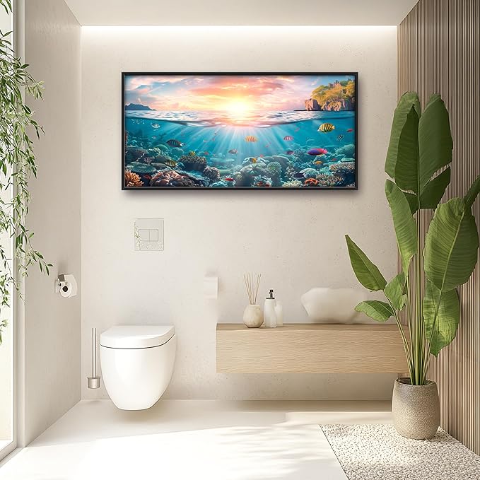 Ocean Fish Large Wall Art Framed Wall Decor for Living Room, Ocean Sunset Pictures Oversized Canvas Print Painting Modern Extra Large Framed Artwork for Bedroom Office Home Decor 60"x30"