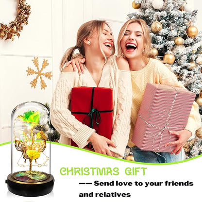 Birthday Rose Flower Gifts for Women, Glass Flower Gift for Mom from Daughter Son, Colorful Green Light Up Rose in Glass Dome with Music Box for Her Wife Grandma