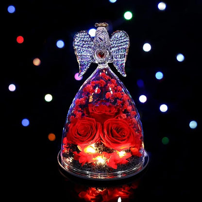 Mothers Day Rose Gifts for Women, Large Angel Figurines with Real Roses, Preserved Real Flower Rose for Her - Red