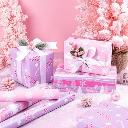 WRAPAHOLIC Christmas Wrapping Paper Roll - Mini Roll - 3 Rolls - 17 Inch X 120 Inch Per Roll - Pastel Pink and Purple Reindeer, Candy Cane with JOY, Snowflake Holiday Collection