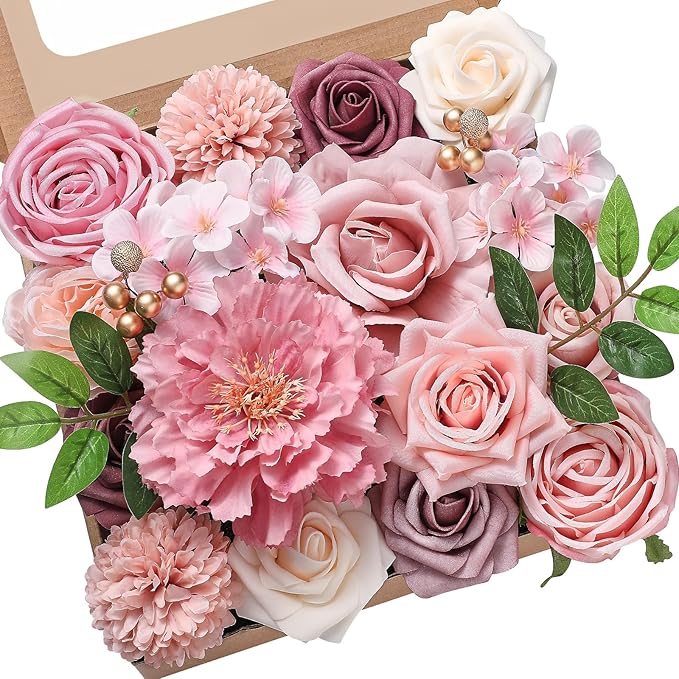 Serwalin Artificial Pink Flowers Fake Flowers Cake Flowers Silk Flowers Wedding Spring Rose for Decoration DIY Craft Combo Centerpieces Bridal Bouquet Home Decor