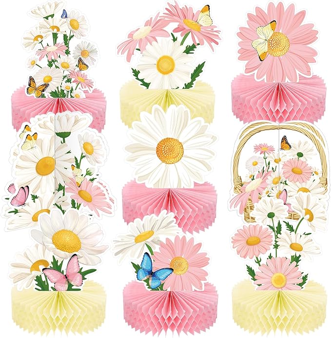 Hotop 9 Pcs Daisy Flower Birthday Party Decorations Pink Wildflower Butterfly Honeycomb 3D Centerpieces for Floral Table Toppers Boho Groovy Party Decorations Girl Baby Shower