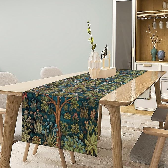 William Morris Floral Table Runner, Vintage Green Botanical Printed Table Runner for Home Kitchen Dining Table Decoration,13x90 Inch