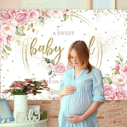 Sensfun Floral It's a Girl Baby Shower Backdrop A Sweet Baby Girl is On The Way Background Pink Flower Golden Loop Baby Shower Party Cake Table Decorations Banner Photoshoot Props (7x5ft)