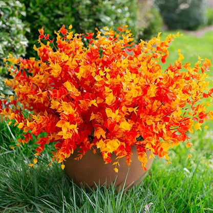 Artificial Fake Fall Autumn Eucalyptus Plants Flowers for Outdoor Outside Decoration, Faux Silk Orange Boxwood Look Real UV Resistant for Home Porch Patio Planter Decor，12 Bundles