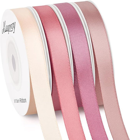 3/8 Inch Dusty Rose Satin Ribbon, 4 Rolls Total 40 Yards, Double Faced Mixed Rose Thin Fabric Ribbon for Gift Wrapping, Flower Bouquets, Crafts, Wedding Decorations
