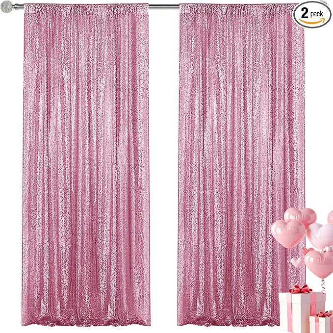 Pink Sequin Backdrop Curtain 2 Pieces 2FTx8FT Glitter Photography Backdrop for Party Wedding Birthday Christmas Decorations
