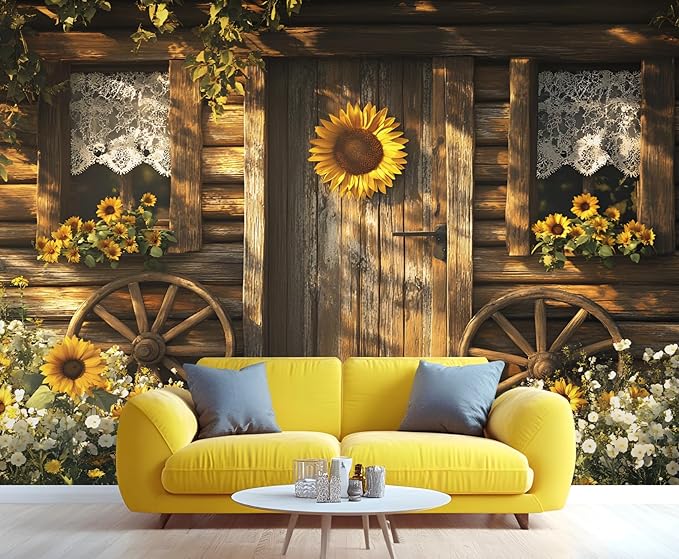 KIREUPA Rustic Cabin Sunflower Wall Mural, Vintage Cottage Door Sunflower 3d Wall Murals, Farmhouse Nature Wallpaper Mural, for Living Room Bedroom Large Wallpaper Indoor Decor 59" W x39.4 H