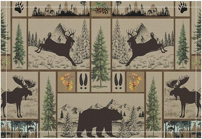 Rustic Cabin Placemats Forest Bear Deer Wildlife Hunting Camping Art Printed Dining Table Mats Set of 4 for Home Kitchen Holiday Picnic Party Decor 12x18in
