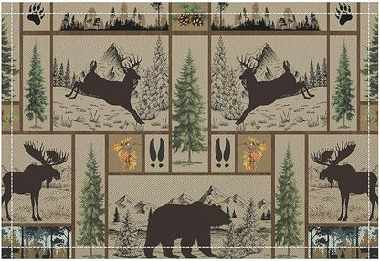 Rustic Cabin Placemats Forest Bear Deer Wildlife Hunting Camping Art Printed Dining Table Mats Set of 4 for Home Kitchen Holiday Picnic Party Decor 12x18in