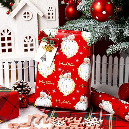 Yarcony Red Christmas Wrapping Paper Roll, Santa Wrapping Paper, Retro Classic Red Santa Claus, Stewart Tartan Plaid Christmas Gift Wrap Sheets for Winter Holiday, Festive Decor (17 Inch X 33 Feet)