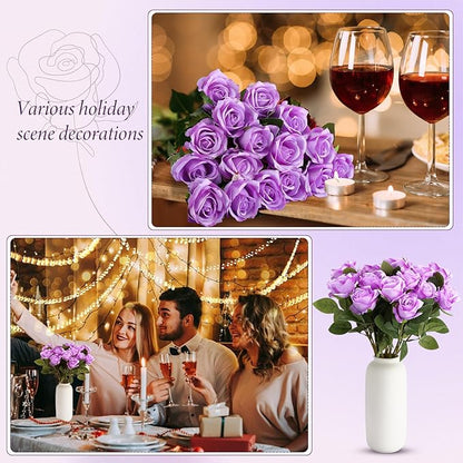 Hotop 20 Pcs Artificial Rose Flowers with Long Stem,Real Touch Silk Realistic Plastic Bouquet Roses Bulk for Home Decor Bridal Wedding Party Table Centerpieces Decorations(Purple)