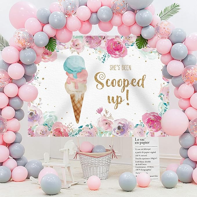 She's Been Scooped Up Backdrop Ice Cream Bridal Shower Party Pink Flowers Summer Photography Background Supplies Decorations Gift Floral Cake Table Banner Photo Booth Studio Props 7x5ft