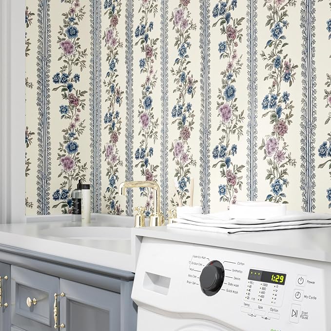 Vintage Floral Wallpaper Peel and Stick Boho Wallpapers 17.5in x 9.8ft Blue/Beige Floral Wall Mural Vinyl Removable Self Adhesive Nursery Modern Wallpaper for Bookshelf Cabinets Bathroom Walls