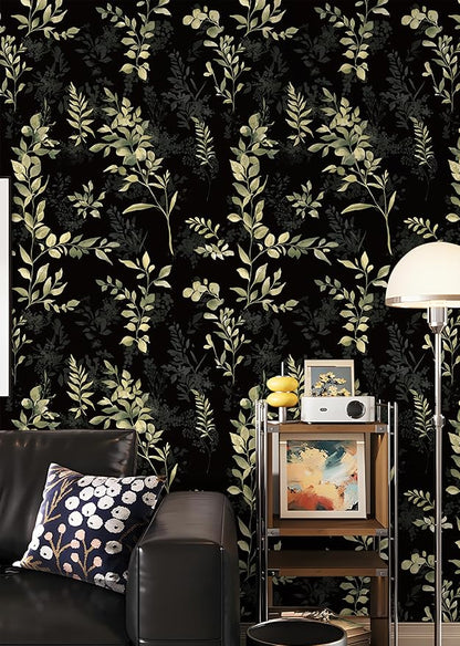 Peel and Stick Wallpaper Boho Leaf Removable Wallpaper Black Textured Renter Friendly for Bathroom Botanical Floral Self Adhesive Contact Paper for Cabinet Countertop 17.5 x 118 in