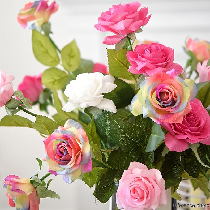 Rainbow Artificial Roses – 12 Faux Silk Stems with Real‑Touch Feel – Gift‑Ready Box + Jute Ribbon – Bendable Wire Stems for Wedding Bouquets, Home Décor, Centerpieces & DIY Arrangements