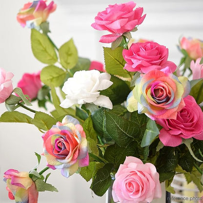 Rainbow Artificial Roses – 12 Faux Silk Stems with Real‑Touch Feel – Gift‑Ready Box + Jute Ribbon – Bendable Wire Stems for Wedding Bouquets, Home Décor, Centerpieces & DIY Arrangements