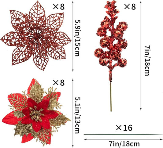 24Pcs Christmas Poinsettia Artificial Flowers and Glitter Berries Kit, 2 Styles Total 16Pcs Christmas Tree Flowers Ornaments, 8Pcs Christmas Tree Picks for Wedding Holiday Decorations, Red Gold