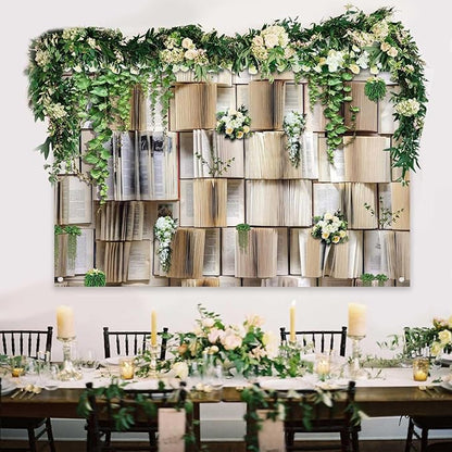 6x4ft Book Photo Backdrops Books Pages Green Leaves White Flowers Background Wedding Birthday Party Princess Photo Studio Props KUHBDJ165