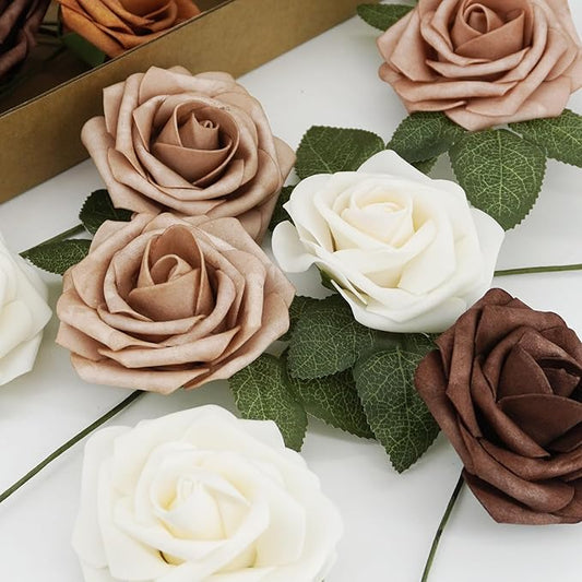 25pcs Artificial Flower Foam Rose Real Touch Roses Flower Heads with Stem for DIY Wedding Bouquets Centerpieces Arrangements Party Baby Shower Home Decor (Shades of Earth Tones)