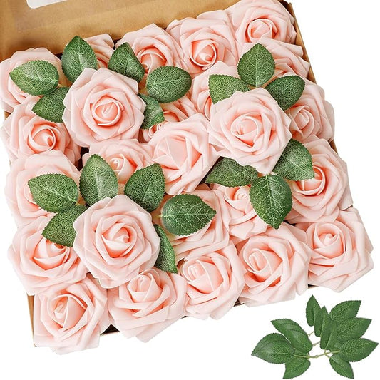AmyHomie Artificial Flower Blush Pink Rose 50pcs Real Looking Fake Roses w/Stem for DIY Wedding Bouquets Centerpieces Arrangements Party Baby Shower Valentines Day Christmas Tree Decorations