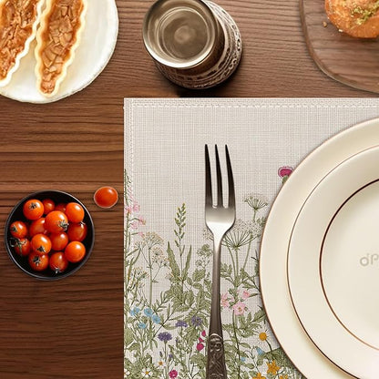Summer Flower Placemats Set of 6,Washable Heat Resistant 12×18 Inch Linen Table Mats Fall Meadow Herbs Place Mats for Party Outdoor Dining Décor