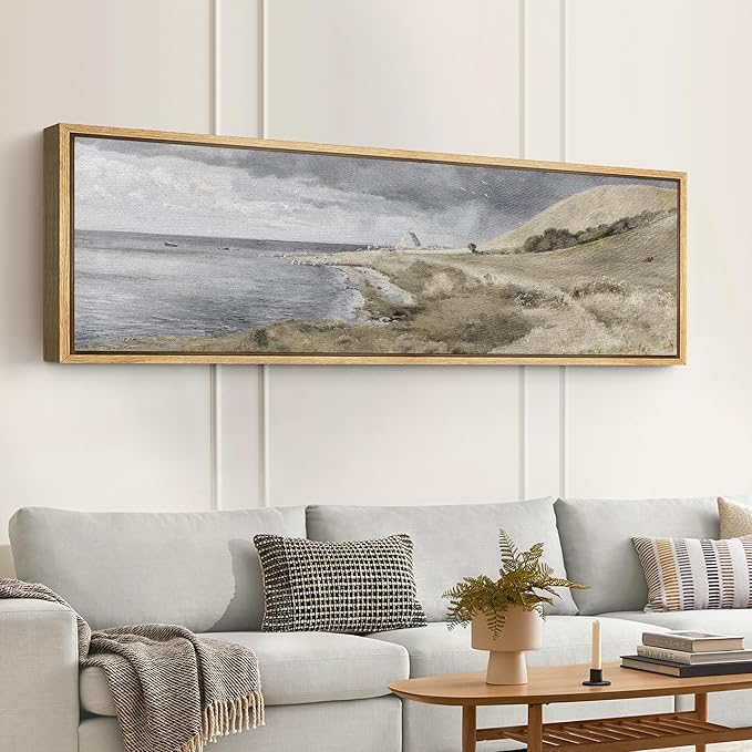 SIGNFORD Large Framed Canvas Print Wall Art Coastal Dunes Landscape Serene Seaside Illustrations Modern Art Relax/Calm Warm for Living Room, Bedroom, Office - 60"x20"