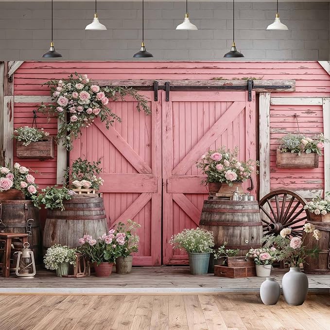 6x6ft Country Wedding Pink Photography Backdrop Rustic Wooden Barn Door Photography Backdrop Farmhouse Flower Western Girl Birthday Baby Shower Wedding Bridal Party Banner Photo Booth Props Background
