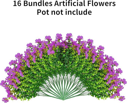 16 Bundles Artificial Flowers for Outdoors ,No Fade UV Resistant Realistic Purple Silk Daisy Fake Eucalyptus Summer Plants for Indoor Decoration Outside Planter Porch Home Garden Window Box Decor