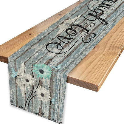 Daisy Floral Table Runner, Rustic Seasonal Spring Wild Flower Rustic Blue Wood Farmhouse Table Center Decor for Family Kitchen Farmhouse Holiday Party Table Decorations Indoor Outdoor 13x108 inch