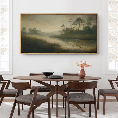 SIGNFORD Extra Large Framed Canvas Print Wall Art Misty River with Trees Tranquil Nature Landscape Illustrations Modern Art Relax/Calm Warm for Living Room, Bedroom, Office - 60"x30"