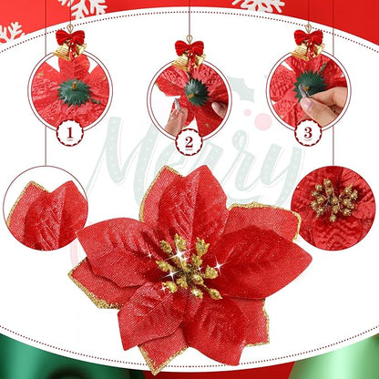 WILLBOND 24 Pcs 3 Size Poinsettia Flower Artificial Christmas Decor Glitter Poinsettia Christmas Ornaments Faux Flowers for Xmas Tree Outdoor(4/6/7.9 Inches,Red)