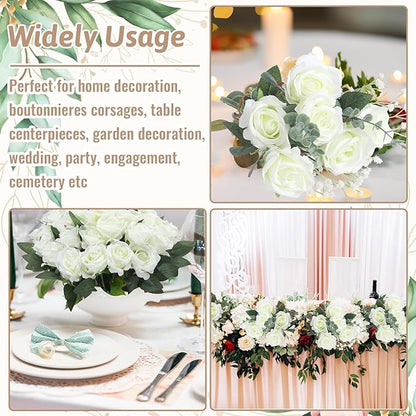 36 Pcs Silk White Rose Bouquet Bridal Artificial Flowers,Fake Rose Long Stem Realistic Artificial Flowers Bulk for Wedding Bouquet Ball Arrangement Centerpiece Party Decor