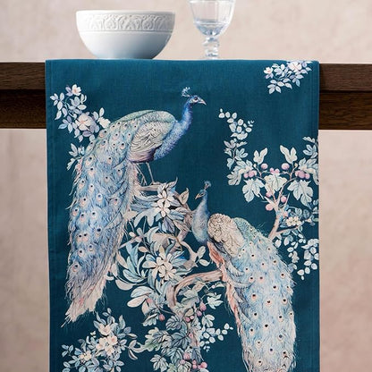 Maison d' Hermine Tablerunners 100% Combed Cotton Premium Table Runner Decorative Table Cover, Home, Kitchen & Camping, Peacock Utopia - Deep Sea, Double Layer - (14.5"x72")