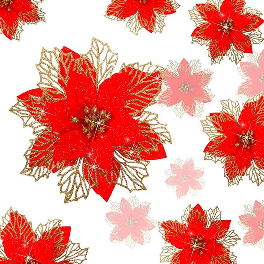 Geosar 24 Pieces Christmas Glitter Poinsettia Flowers Layered Artificial Xmas Flowers Wedding Christmas Tree New Year Ornaments 3/4/6 Inch(Red)
